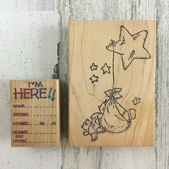 Lot Of 2 Vtg Wood Rubber Stamps New Baby I'm Here Birth Announcement - Picture 1 of 11